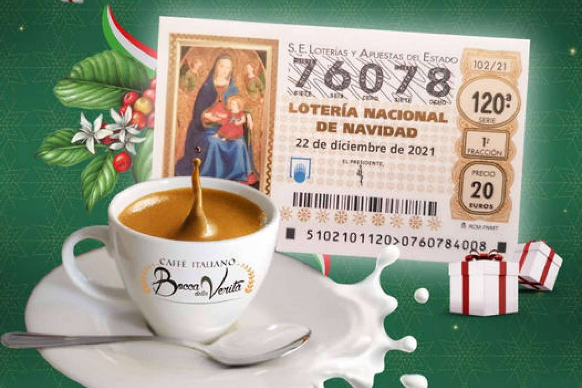El café italiano Bocca Della Verità regala la fortuna con décimos de la Lotería de Navidad del número 76078